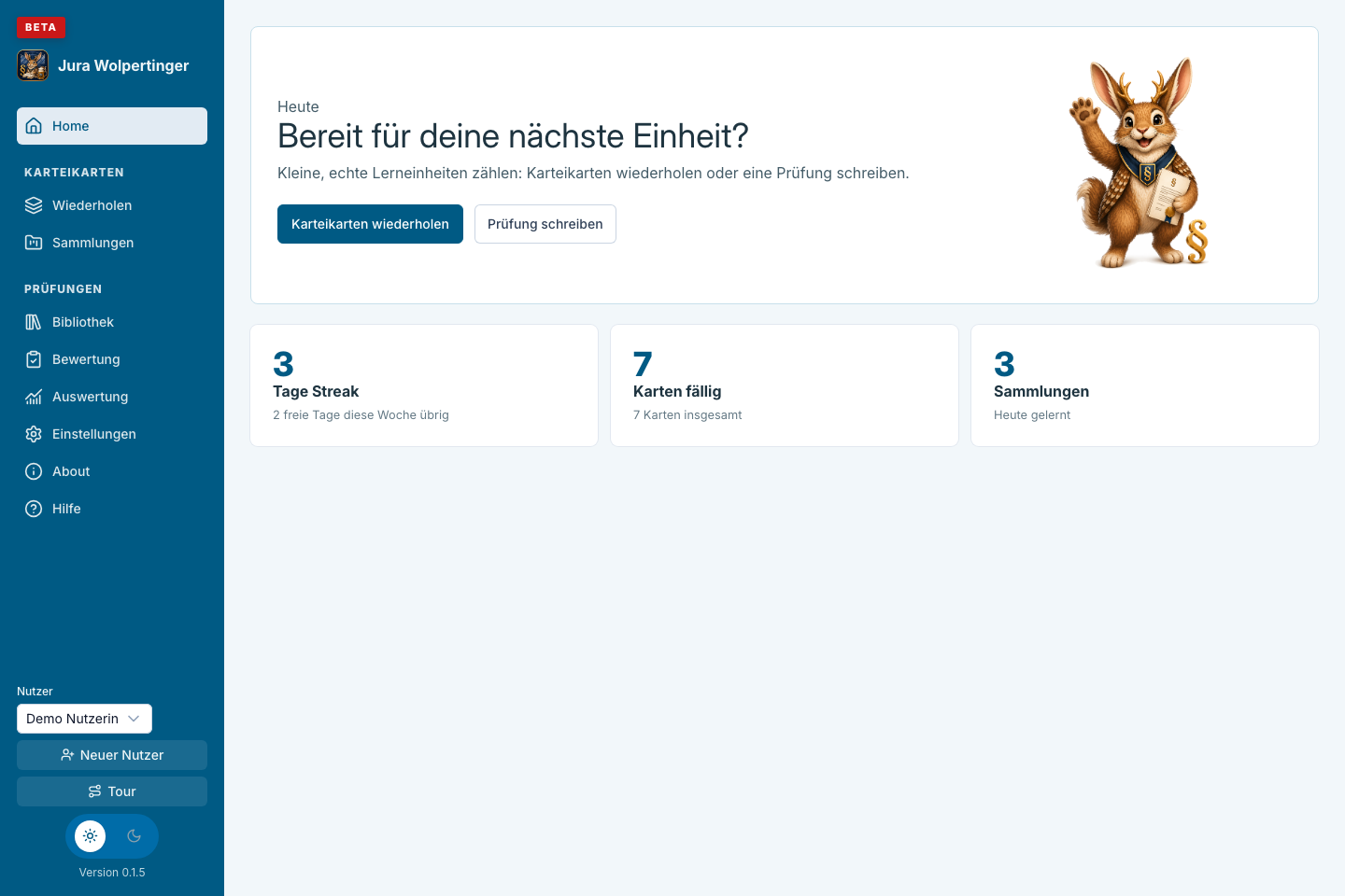 Startseite mit Streak, fälligen Karten und Prüfungsaktion