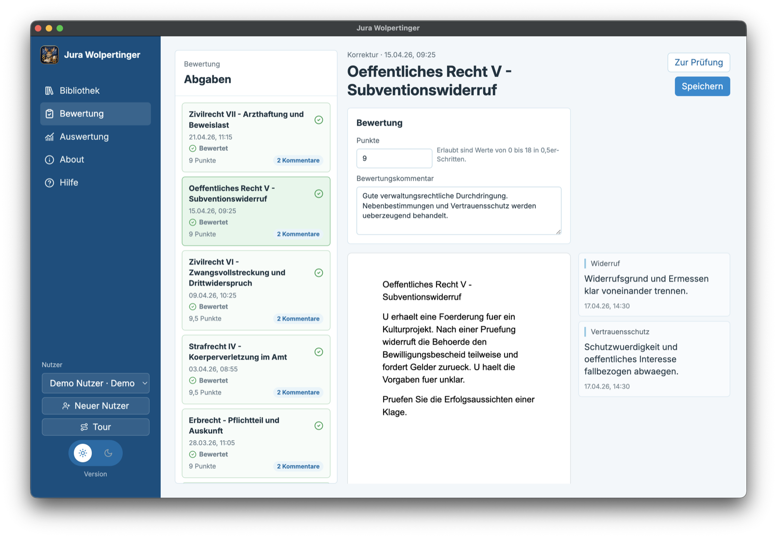 Bewertungsansicht mit Abgabenliste, Bewertung und Inline-Kommentaren