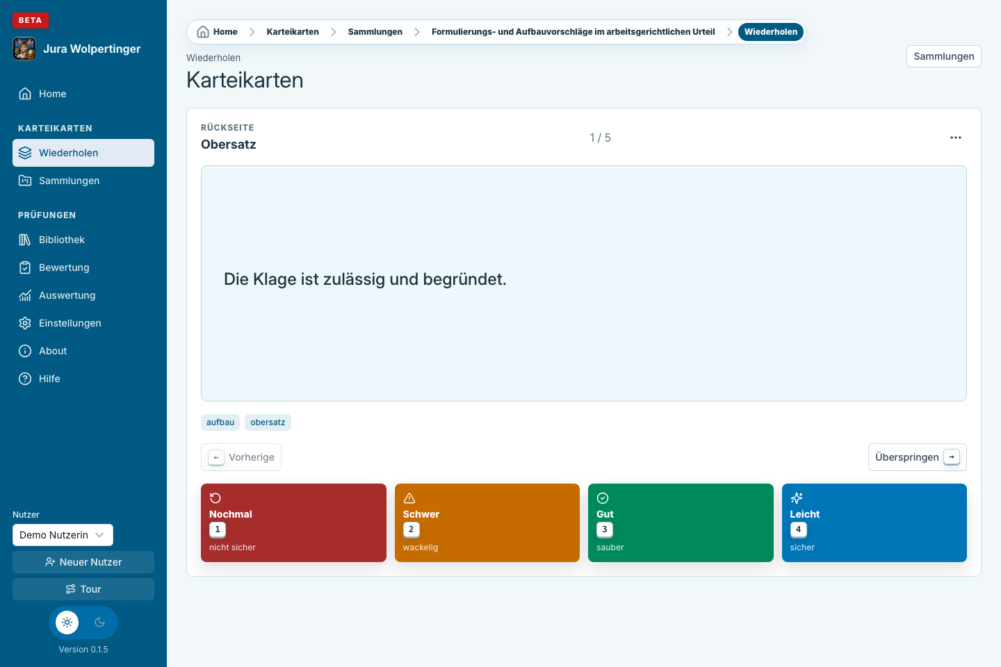 Karteikarten-Wiederholung mit Vorderseite und Bewertungsbuttons