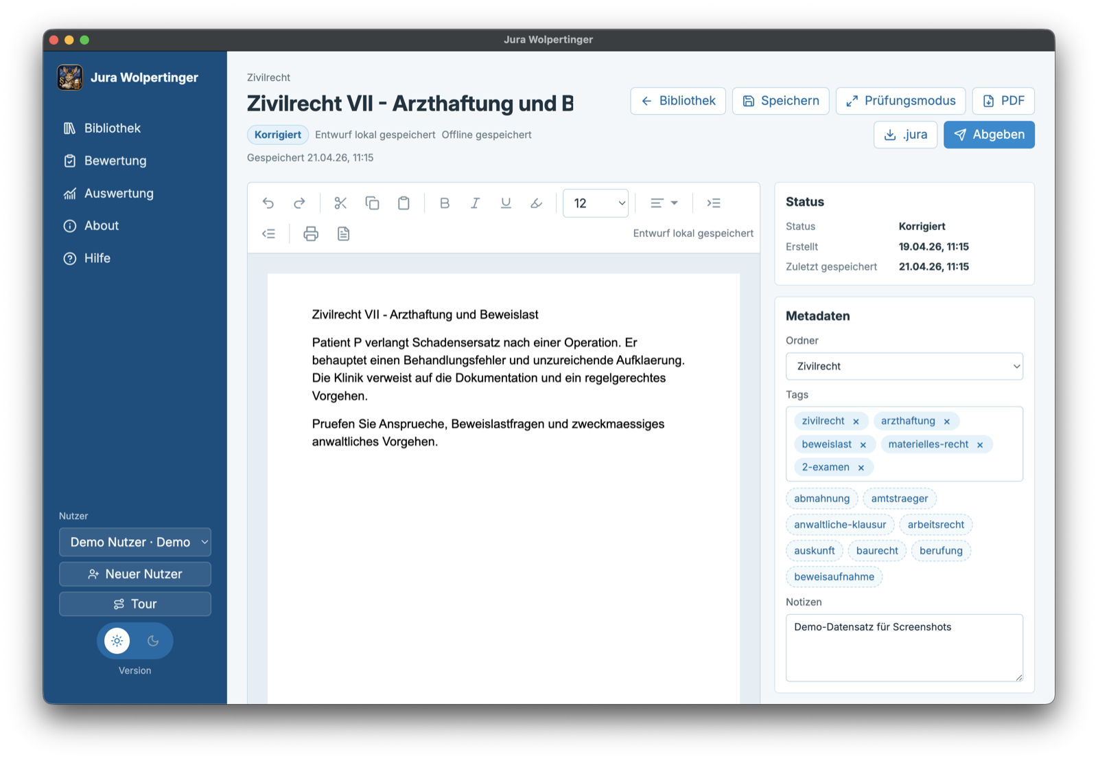 Klausuransicht mit Editor, Metadaten und Tag-Eingabe