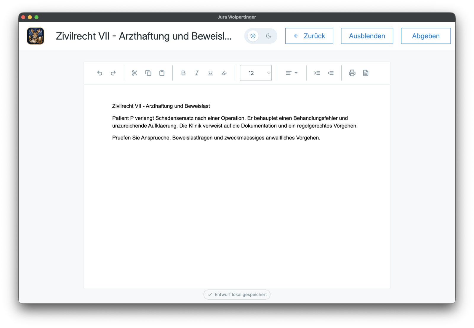 Prüfungsmodus mit reduziertem Editor und Autosave-Hinweis